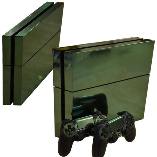 Metallic green PS4 console housing film and two matching PS4 controllers with a glossy finish. - Image 4
