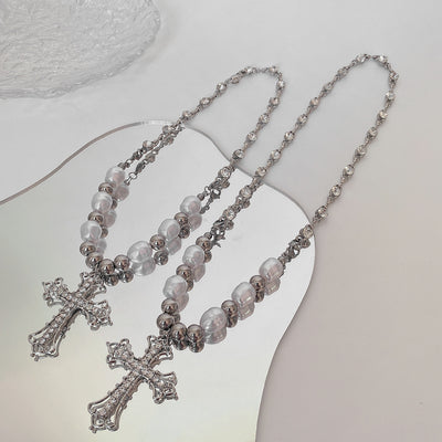 Cadena de Clavícula Hip Hop con Cruz de Diamantes y Perlas - Image 4