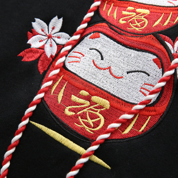 Sudadera con Capucha Gato de la Suerte y Bordado Sakura con Cordones
