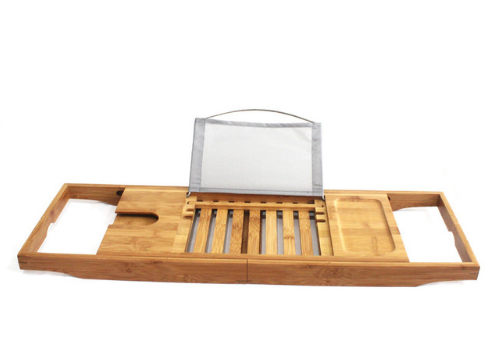 Bamboo bathtub caddy with an adjustable book stand, slotted tray, and compartments for bath essentials. - Image 5