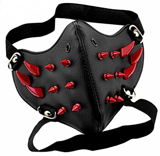 Black leather half-face mask with brass chains, spikes, and gear accents, featuring adjustable elastic straps. - Image 22