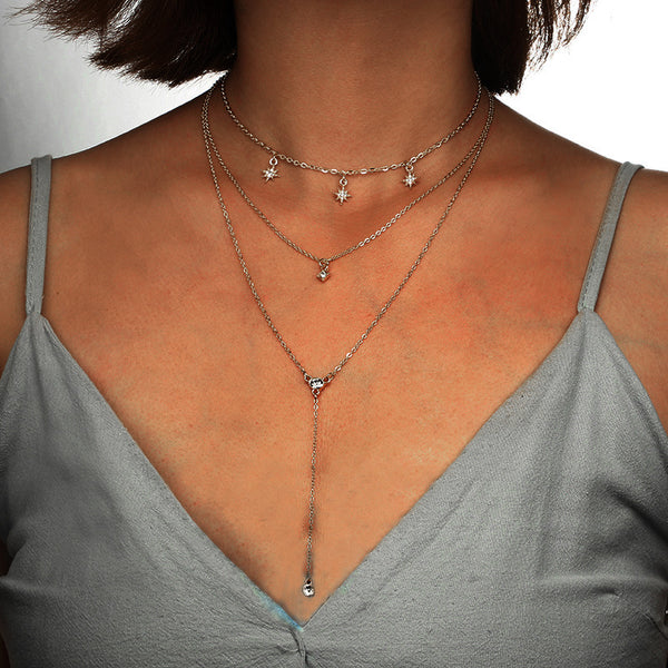 Collar Multicapas Luna y Estrellas Set Cadena para Suéter