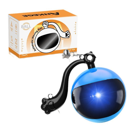 Blue and black rotating cat teasing ball with light, sound, and feather toy, controlled by a remote. - Image 3