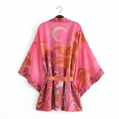 Kimono Cardigan Suelto con Estampado de Luna y Cinturón