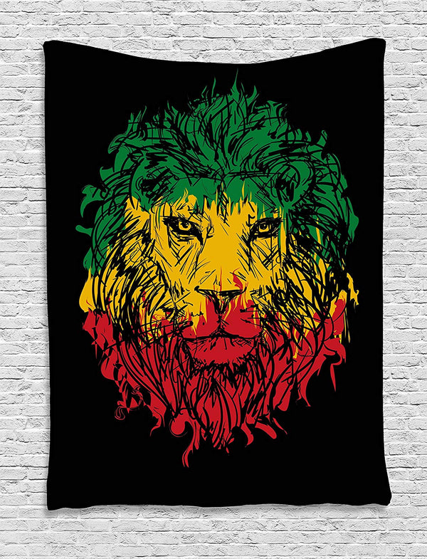 Black tapestry featuring a stylized lion's head with a green, yellow, and red mane, suitable for wall decor.