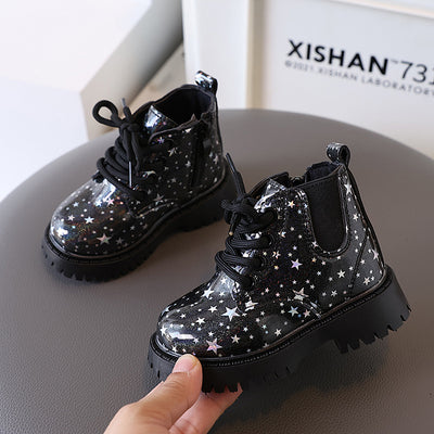 White toddler girls' boots with a holographic star pattern, lace-up front, and side zipper closure. - Image 4