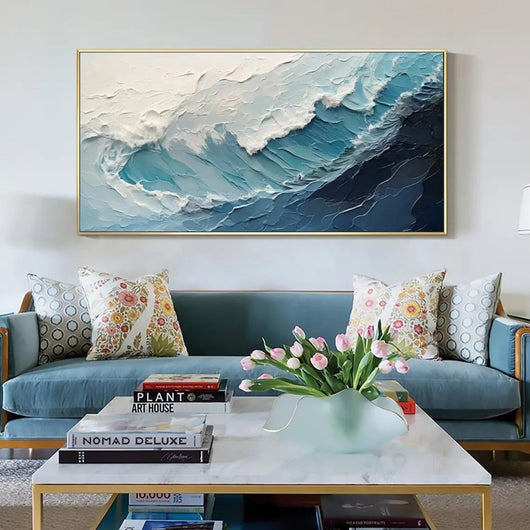 Cuadro Óleo Abstracto Grandes Dimensiones Olas Océano Azul y Blanco Texturizado para Sala - Image 5