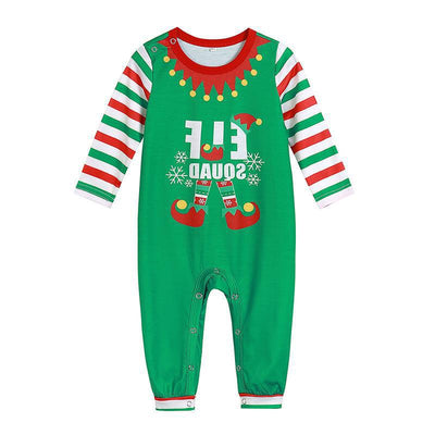 Family of four wearing matching green and red striped Christmas pajamas with "ELF SQUAD" and elf boot graphics. - Image 3