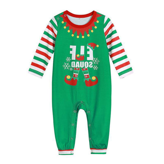 Family of four wearing matching green and red striped Christmas pajamas with "ELF SQUAD" and elf boot graphics. - Image 3