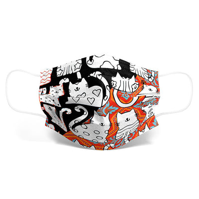 Disposable face mask with a colorful, artistic cartoon cat print and white ear loops. - Image 3
