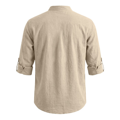Camisa de Lino Estilo Americano con Cuello Mao y Mangas Medianas para Hombre - Image 15
