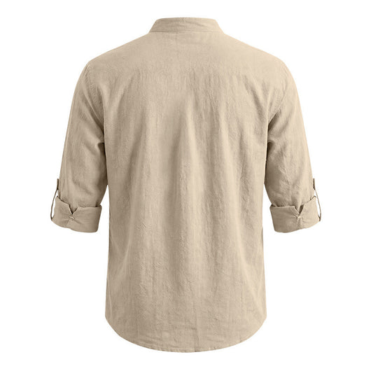 Camisa de Lino Estilo Americano con Cuello Mao y Mangas Medianas para Hombre - Image 15