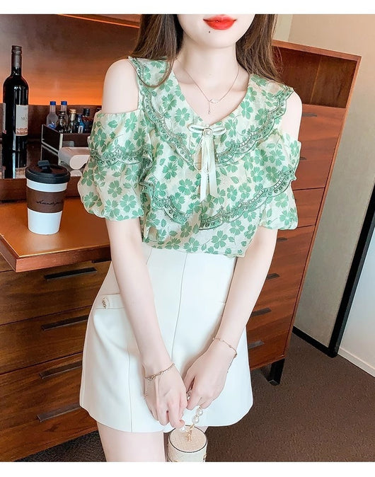 Blusa Chiffon Floral Hombro Descubierto - Camisa Romántica de Manga Corta - Image 21