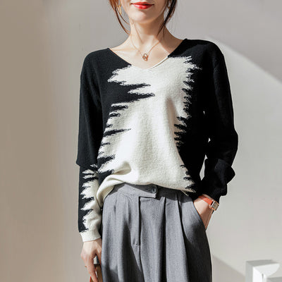Suéter Suelto Cuello V Bloques de Color para Mujer - Image 13