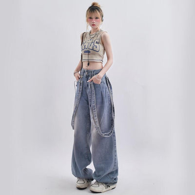 Pantalones Casuales Vintage Desgastados con Diseño de Cinta Minoritaria - Image 3