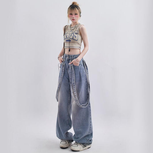 Pantalones Casuales Vintage Desgastados con Diseño de Cinta Minoritaria - Image 3