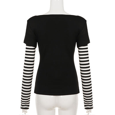 Blusa Casual de Rayas con Efecto Dos Piezas y Manga Larga - Image 11