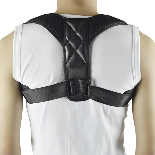 Black back shoulder spine posture corrector worn over a white long-sleeved shirt, showing adjustable straps. (2 pcs)