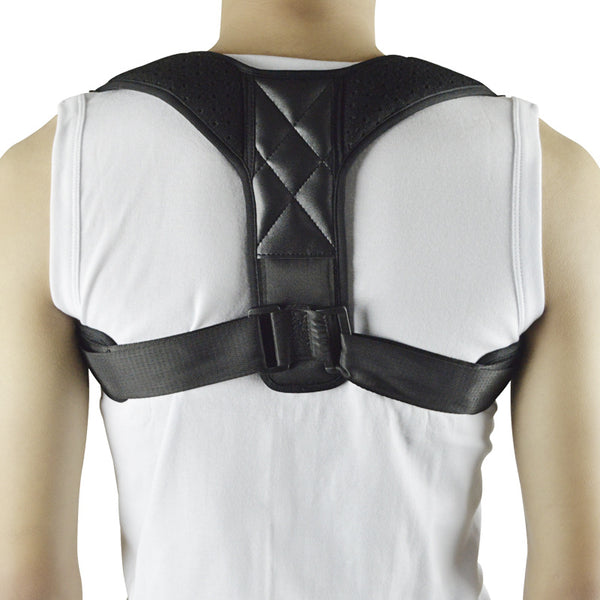 Black back shoulder spine posture corrector worn over a white long-sleeved shirt, showing adjustable straps. (2 pcs)