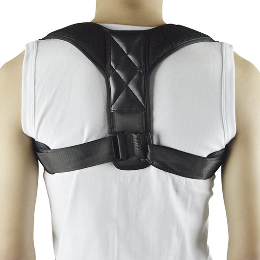 Black back shoulder spine posture corrector worn over a white long-sleeved shirt, showing adjustable straps. (2 pcs)