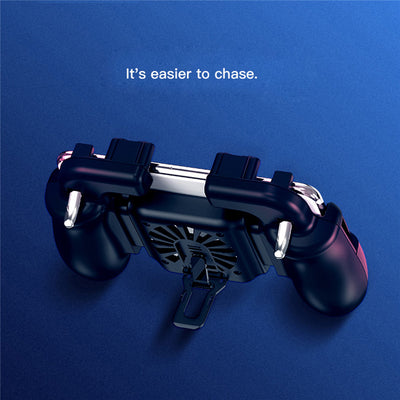 Black mobile gaming controller with a smartphone, featuring shoulder triggers and a glowing blue cooling fan. - Image 2