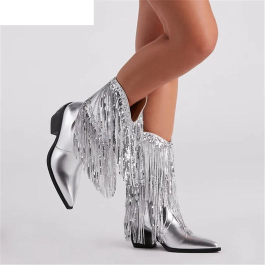Botas de Tacón Grueso con Flecos para Mujer - Estilo Pasarela