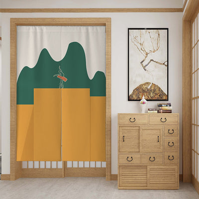 Modern fabric door curtain with abstract green mountains, a dancer silhouette, and a mustard yellow lower section. - Image 6