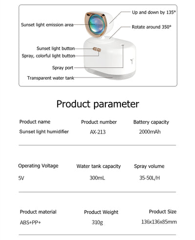 White 2-in-1 mini wireless sunset lamp and air humidifier with a rose gold accent and clear water tank. - Image 16
