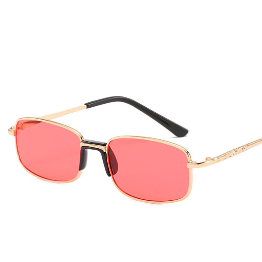 Vintage gold-colored metal frame sunglasses with light blue rectangular lenses and black temple tips. - Image 8