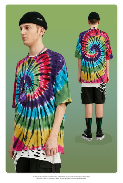 Playera Hombre Espiral Arcoíris Tie-Dye Manga Corta Suelta - Image 9