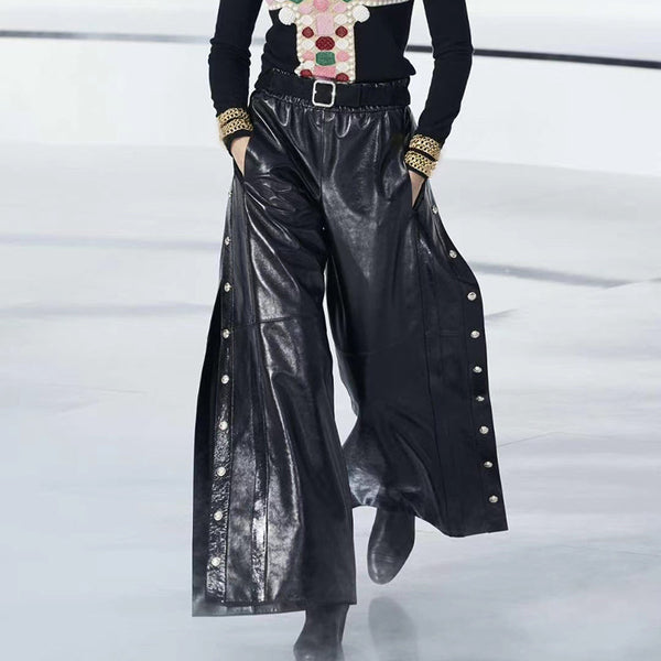 Pantalón Ancho de Cuero PU con Botones Laterales y Abertura