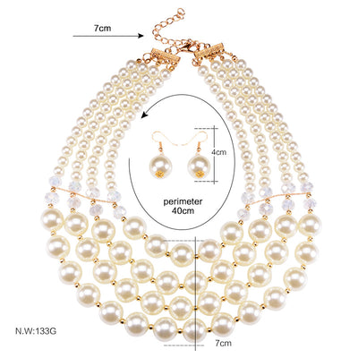 Multi-strand faux pearl and crystal necklace with matching drop earrings on a black jewelry bust. - Image 2