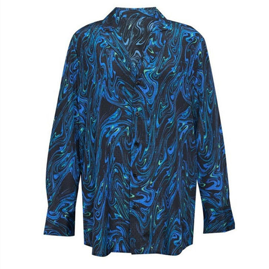 Camisa Retro Azul Marino con Solapa V y Estampado Tinta - Manga Larga - Image 5