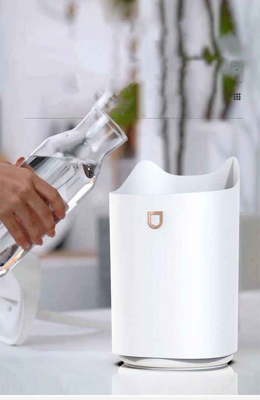 Beige double nozzle humidifier with cat ear design emitting mist, shown in a warm-toned indoor setting.