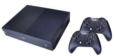 Black carbon fiber sticker set for Xbox One console and two controllers, featuring a textured pattern.