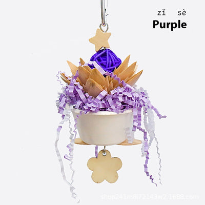 Blue parrot flower clump bite toy with shredded paper, wooden pieces, and a hanging metal clip. - Image 15