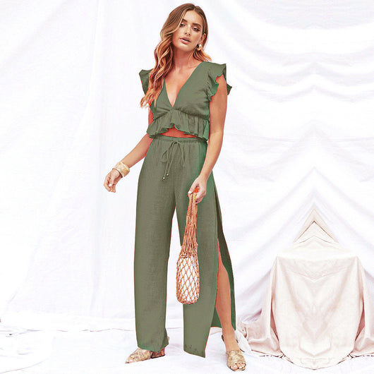 Conjunto Elegante: Blusa Chifón Volantes Escote V + Pantalón Ancho con Aberturas - Image 15