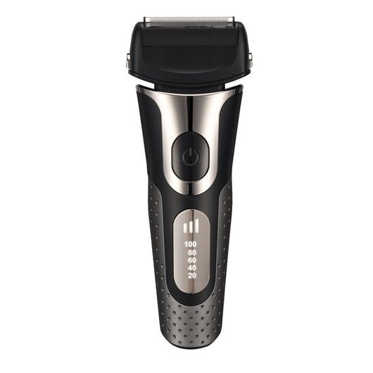 Black and silver men's electric shaver with a three-bit floating head and LED battery display. - Image 6