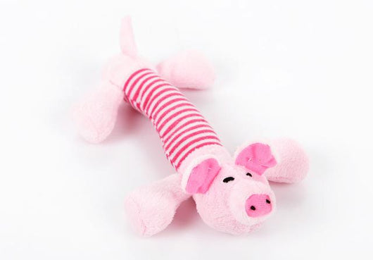 Grey plush elephant dog toy with a blue and white striped body, black eyes, and white inner ears. - Image 6