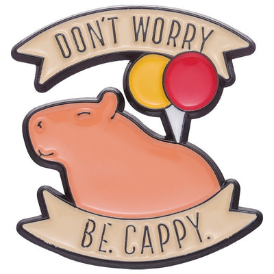 Cute capybara enamel brooch wearing a pink donut with sprinkles and "DONUT WORRY BE CAPPY" text. - Image 27