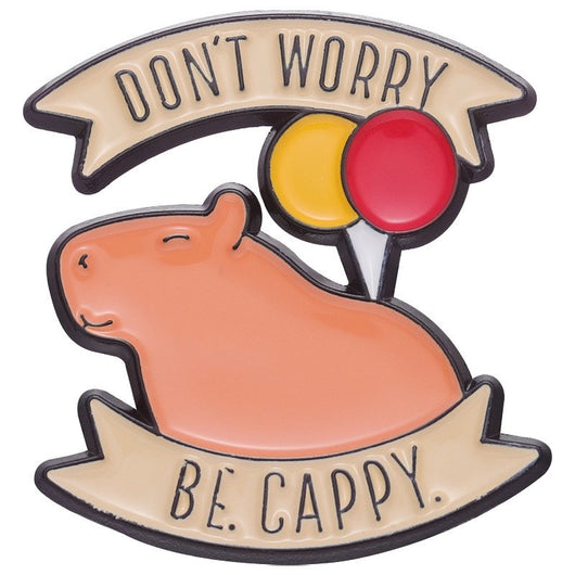 Cute capybara enamel brooch wearing a pink donut with sprinkles and "DONUT WORRY BE CAPPY" text. - Image 27