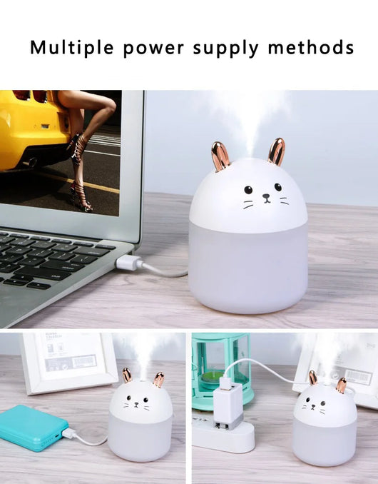 Cute sky blue and white mini USB rabbit humidifier with gold ears, ideal for home or office aromatherapy. - Image 12