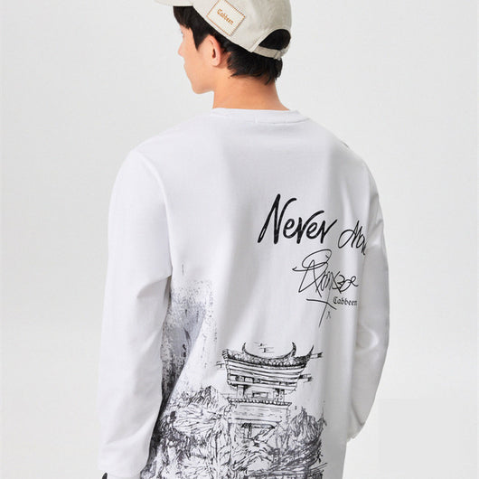 Suéter Tipo Camiseta de Algodón Manga Larga Cuello Redondo Tendencia Nacional - Image 3