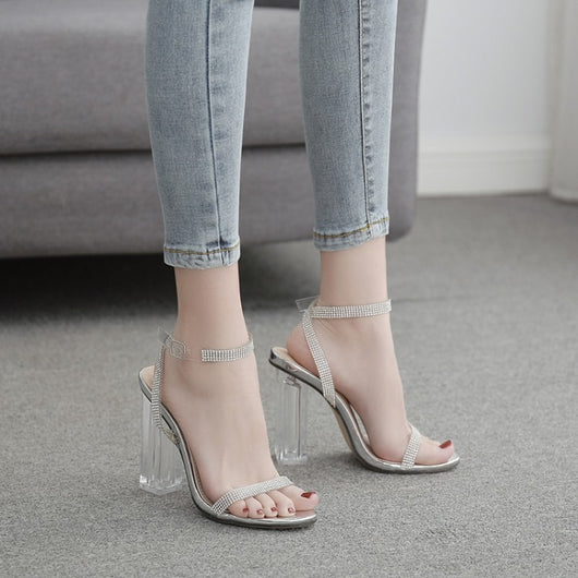 Sandalias Transparentes Brillantes con Tacón Alto