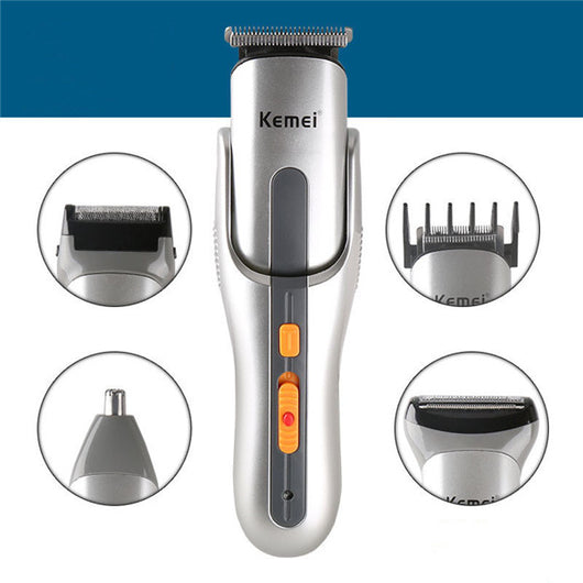 Kemei multi-function hair clipper set with silver and black body, orange buttons, and multiple interchangeable heads on a black charging base. - Image 4