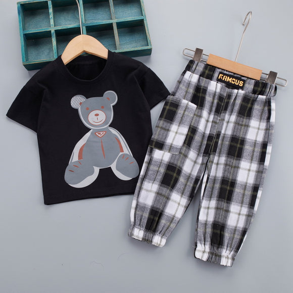 Conjunto Infantil Osito Cartoon: Playera Manga Corta y Pantalón Cuadros
