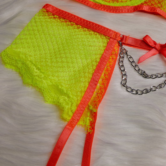 Neon yellow and orange lace lingerie set with chain details, including a bra, garter belt, thong, and armbands. - Image 24