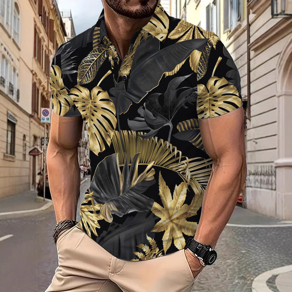 Camisa Casual Hombre Estampado Tropical Dorado Manga Corta