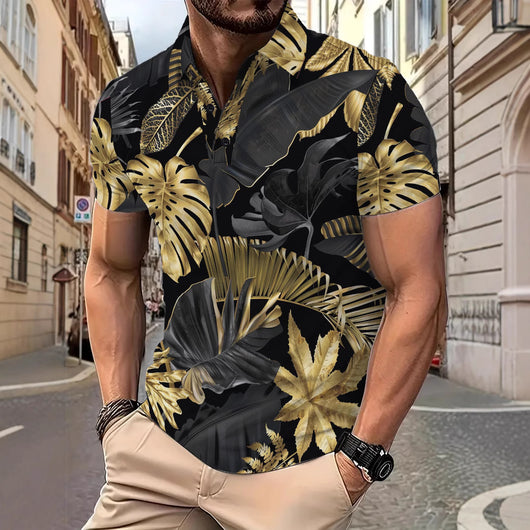 Camisa Casual Hombre Estampado Tropical Dorado Manga Corta