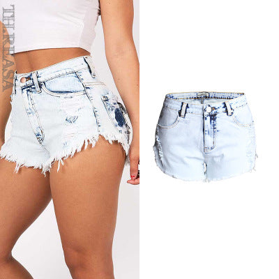 Shorts de Mezclilla Blanca Desgastada Cintura Alta para Mujer